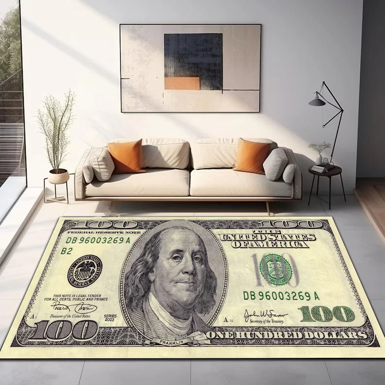 100 Dollar Bill Area Rug – Benjamin Franklin Money Design